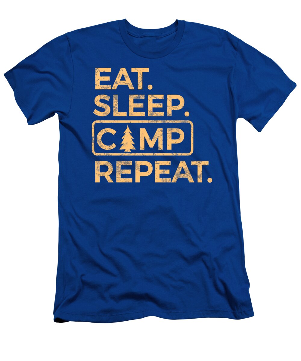 Royal blue camp slogan graphic T-shirt with tree and tent icon on front