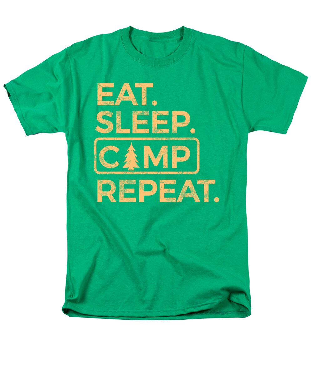 Men's green T-shirt with “EAT SLEEP CAMP REPEAT” graphic on the front