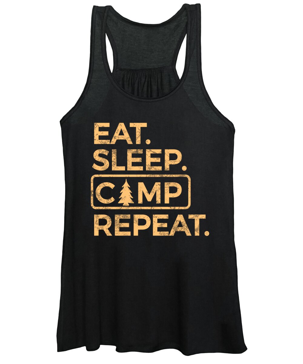 Black women’s tank top with scoop neck and “Eat Sleep Camp Repeat” graphic print