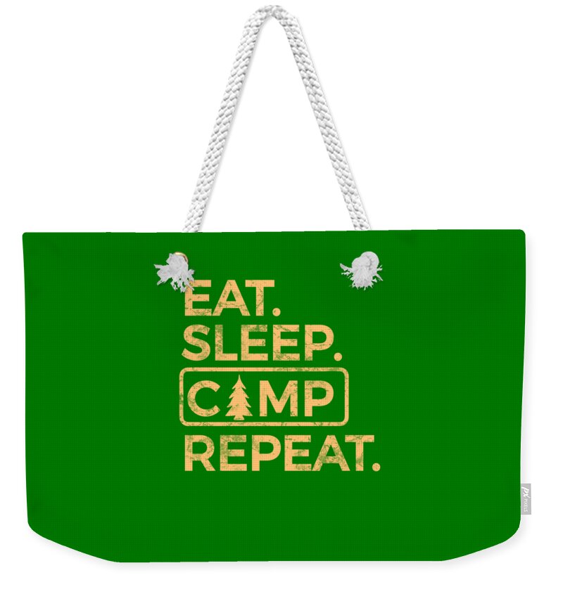 Green weekender tote bag with rope handles and Eat Sleep Camp Repeat graphic