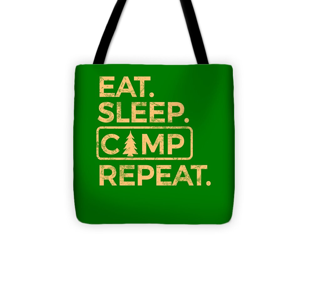 Green tote bag with front 'EAT. SLEEP. CAMP REPEAT.' text and black handles