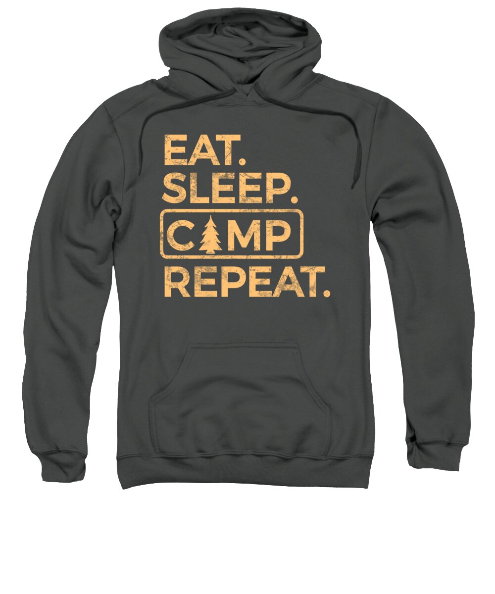 Charcoal pullover hoodie with front 'EAT SLEEP CAMP REPEAT' graphic