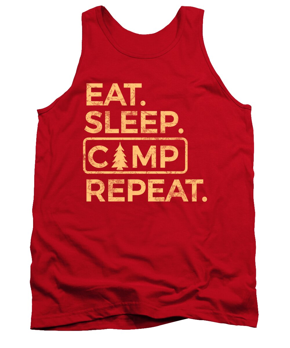 Red tank top with front “EAT SLEEP CAMP REPEAT” graphic