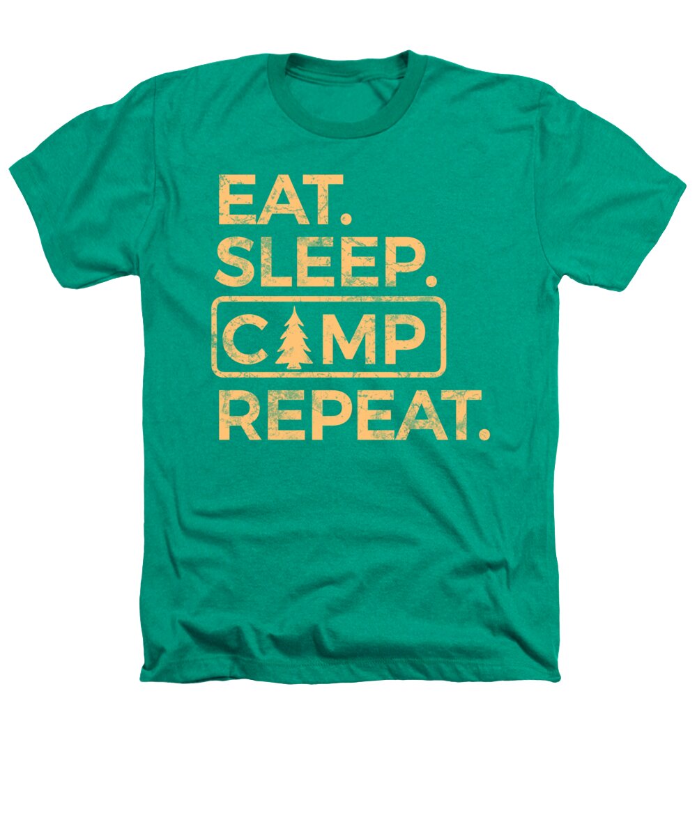 Kelly green heather crewneck t-shirt with camping slogan graphic front.