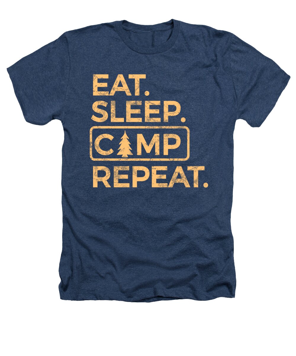 Navy heather crewneck t-shirt with camping slogan graphic front.