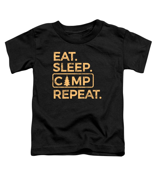 Black toddler T-shirt with orange “EAT SLEEP CAMP REPEAT” graphic print