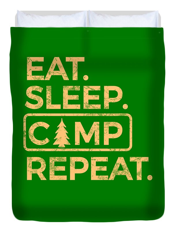 Green duvet cover with Eat Sleep Camp Repeat lettering and camper logo, centered