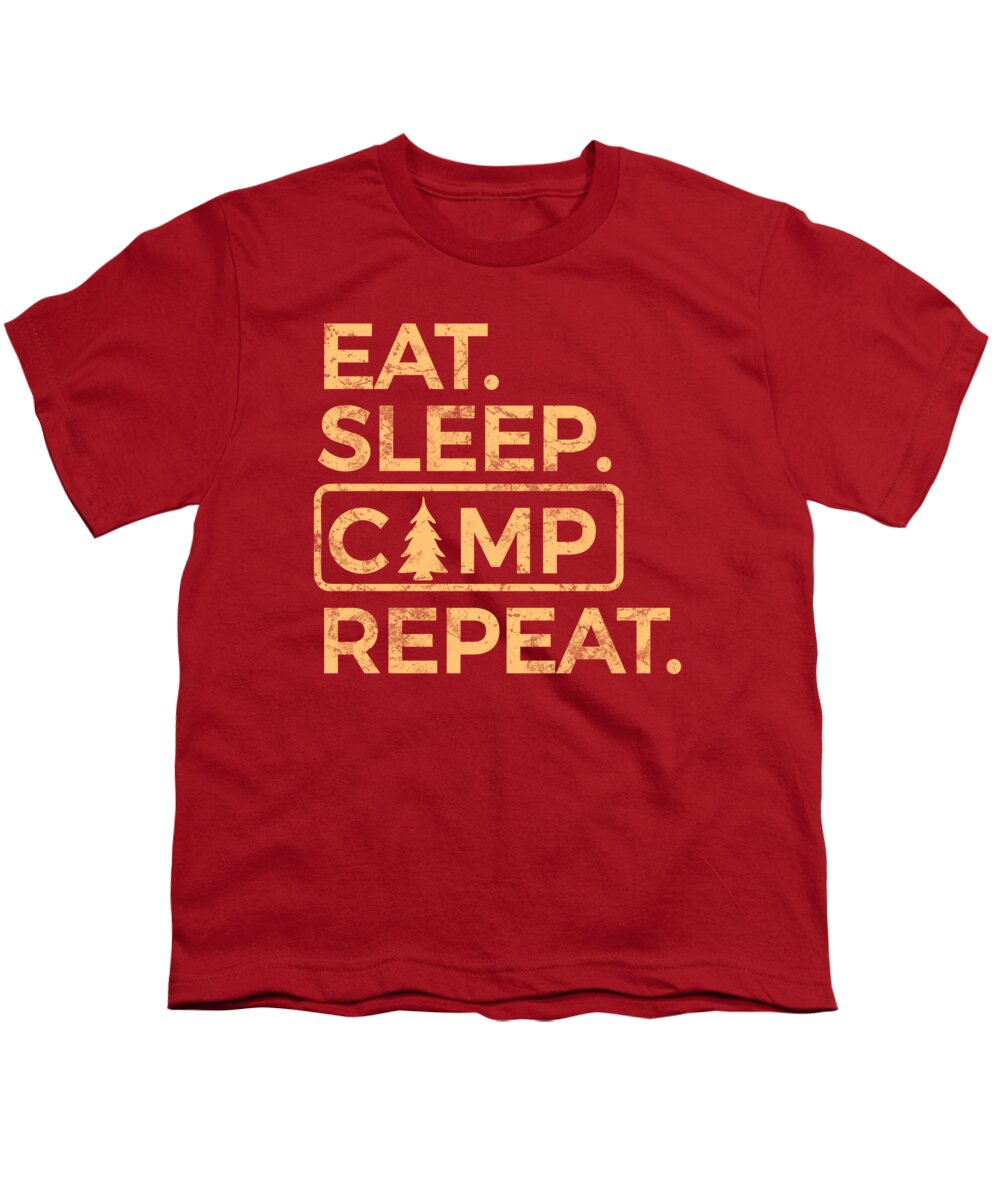 Youth T-shirt, red, front graphic text “EAT SLEEP CAMP REPEAT” in multicolor