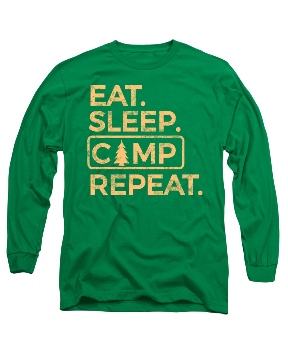 Kelly green long-sleeve T-shirt with 'EAT SLEEP CAMP REPEAT' logo graphic in orange and cream.