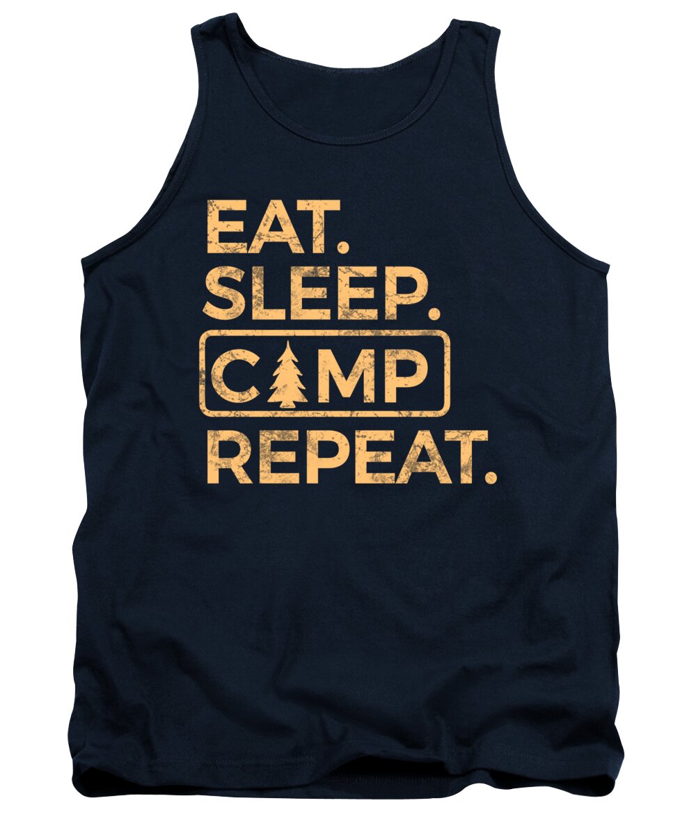 Navy tank top with front “EAT SLEEP CAMP REPEAT” graphic