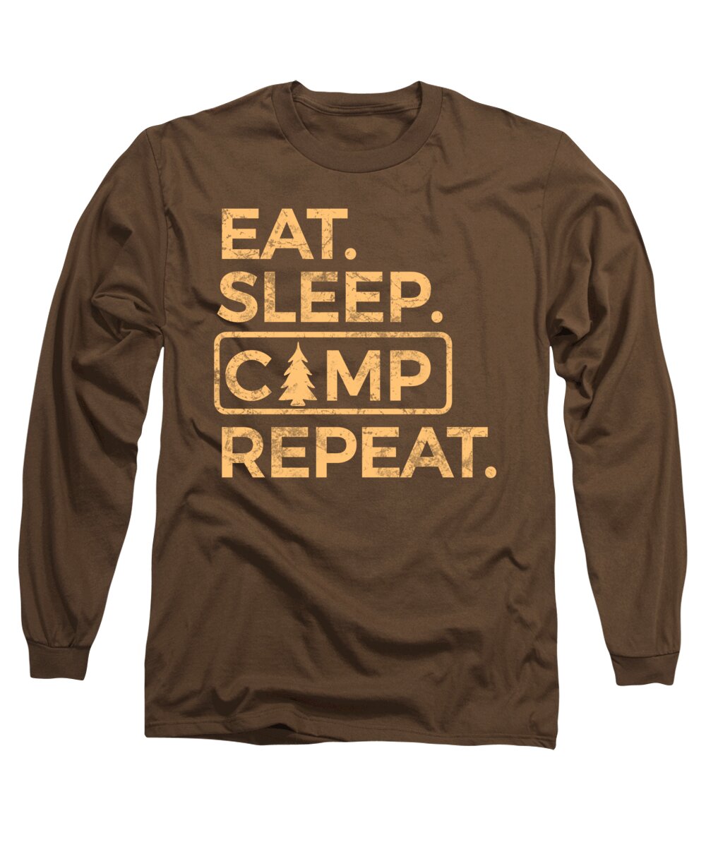 Coffee-brown long-sleeve T-shirt with 'EAT SLEEP CAMP REPEAT' logo graphic in orange and cream.