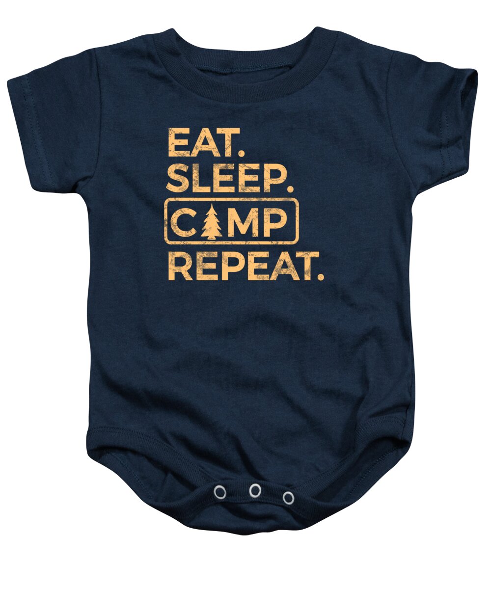 Indigo baby onesie with camp graphic text