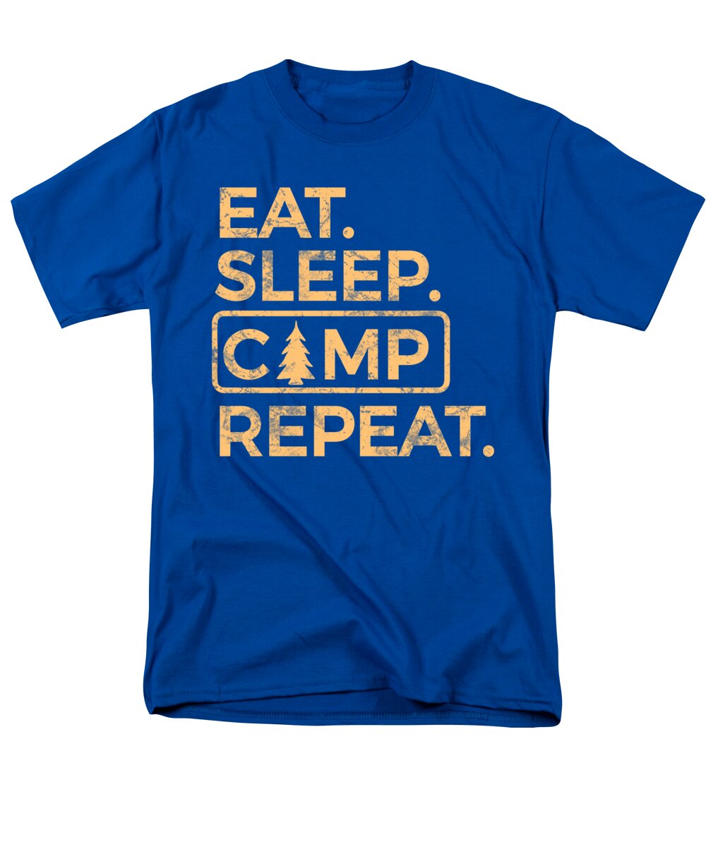 Men's royal blue crew-neck T-shirt with Eat Sleep Camp Repeat graphic print.