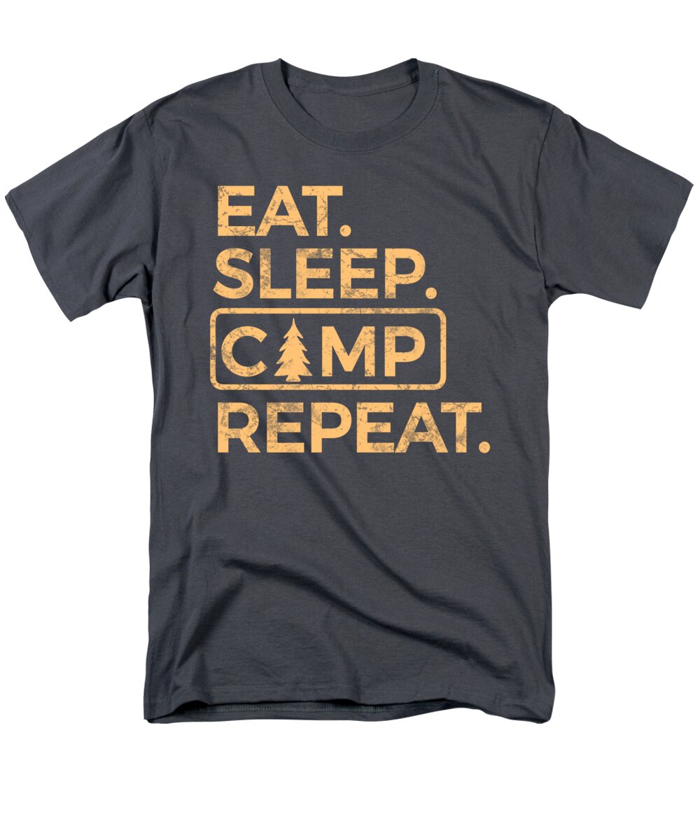 Men's charcoal gray T-shirt with “EAT SLEEP CAMP REPEAT” graphic on the front