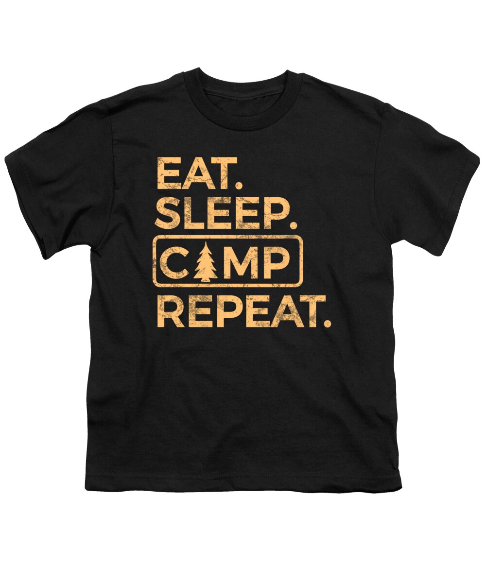 Youth graphic T-shirt in black with "Eat Sleep Camp Repeat" logo print