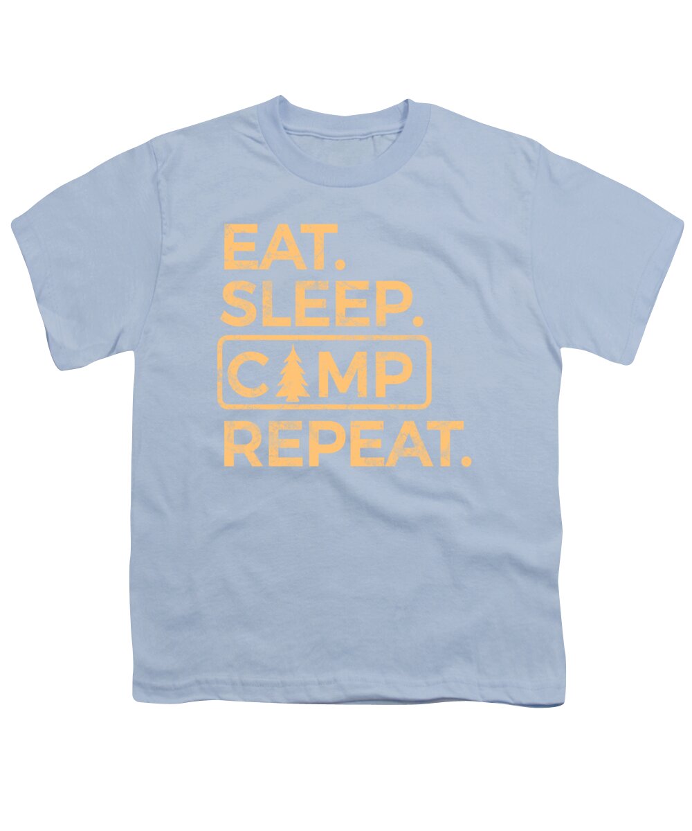 Youth T-shirt, light blue, front graphic text “EAT SLEEP CAMP REPEAT” in multicolor