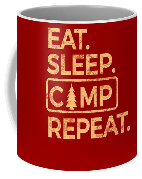 Red ceramic mug with gold “EAT. SLEEP. CAMP REPEAT.” print