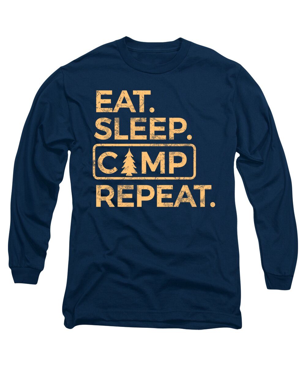 Navy long-sleeve T-shirt with 'EAT SLEEP CAMP REPEAT' logo graphic in orange and cream.