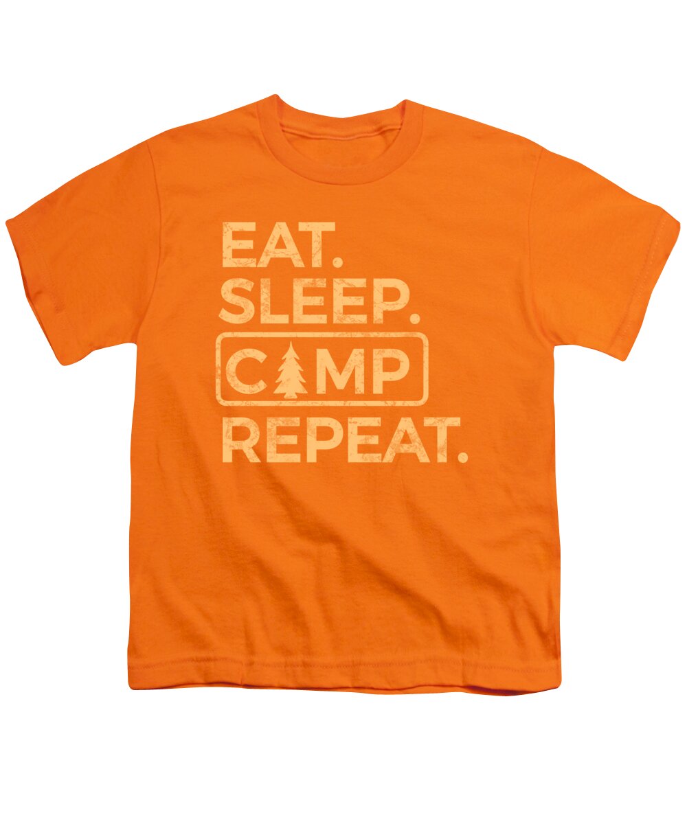 Youth T-shirt, orange, front graphic text “EAT SLEEP CAMP REPEAT” in multicolor