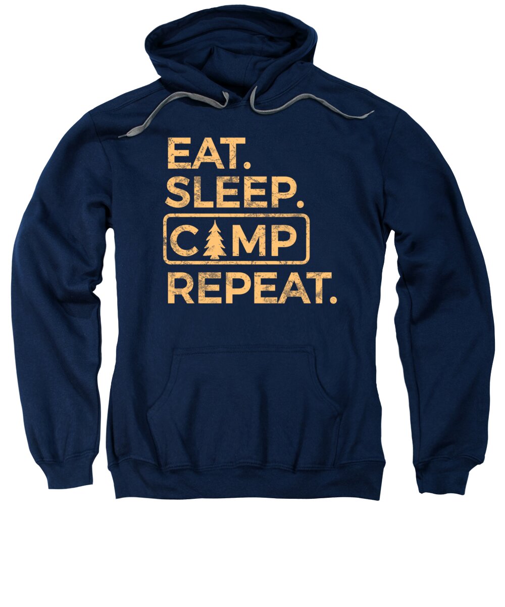 Navy pullover hoodie with front 'EAT SLEEP CAMP REPEAT' graphic