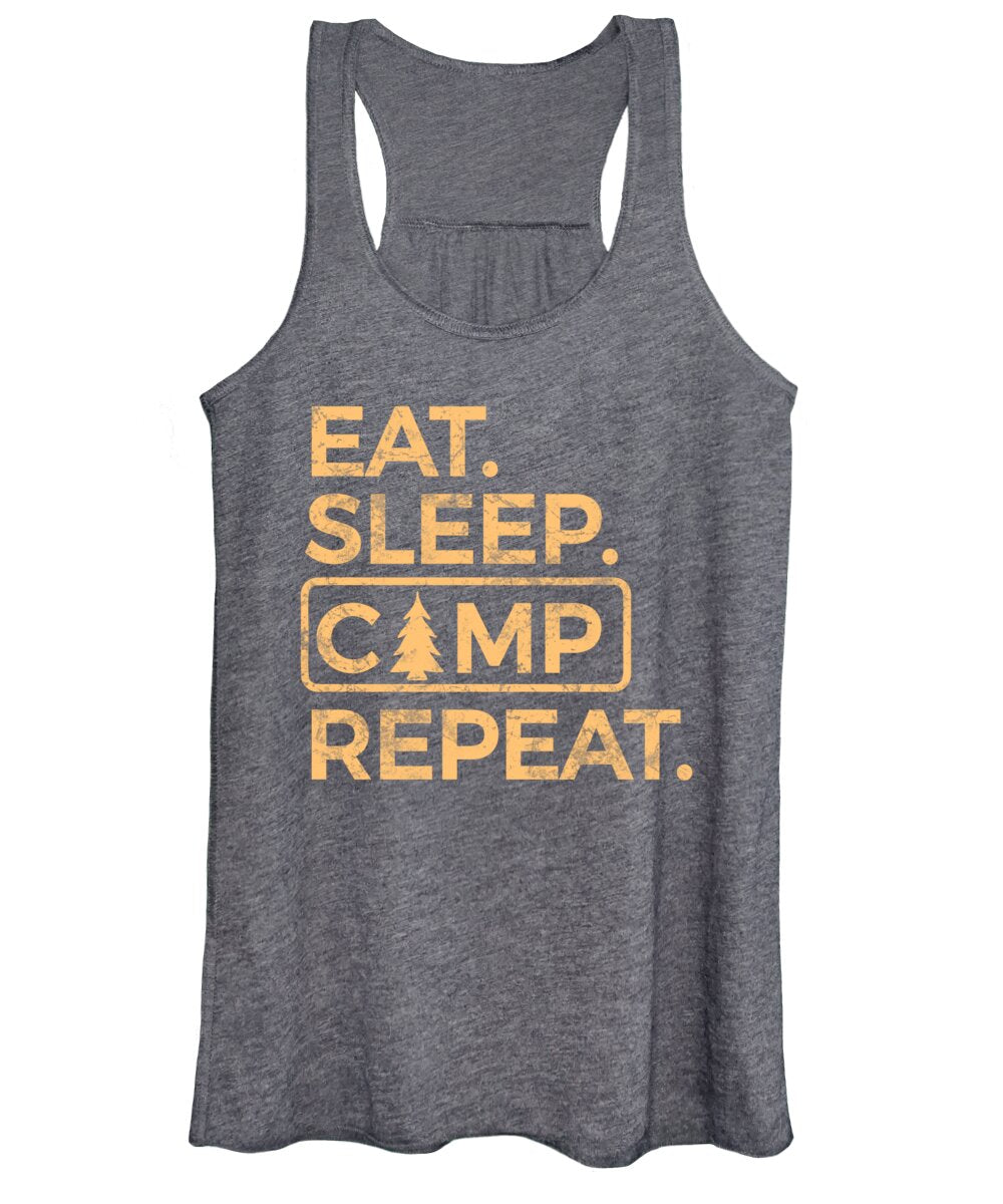 Charcoal gray women’s tank top with scoop neck and “Eat Sleep Camp Repeat” graphic print