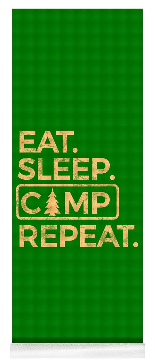 Green yoga mat with "EAT. SLEEP. CAMP REPEAT." text in beige and red