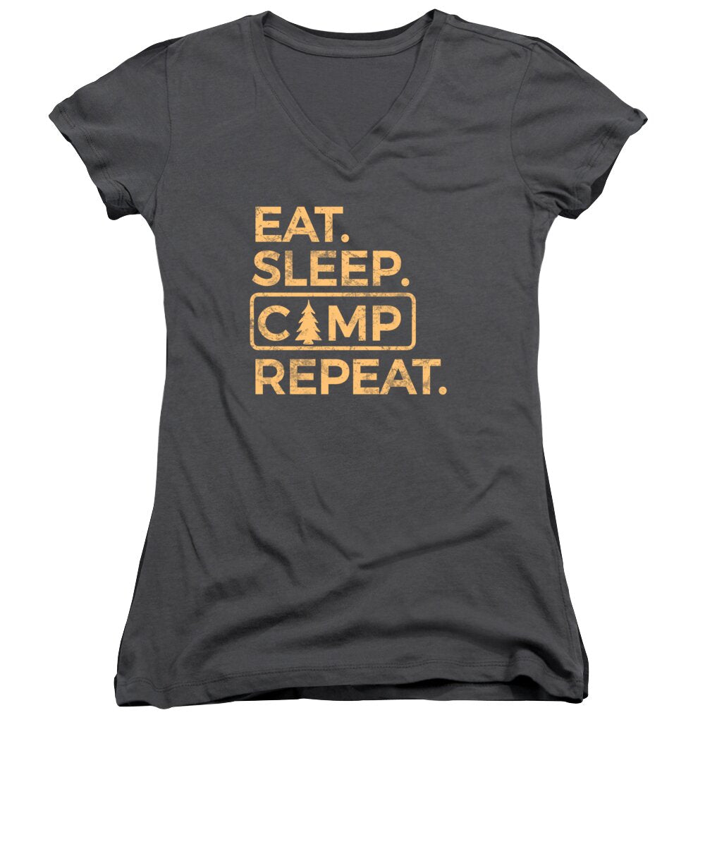 Women's V-neck T-shirt, charcoal, with 'Eat Sleep Camp Repeat' graphic