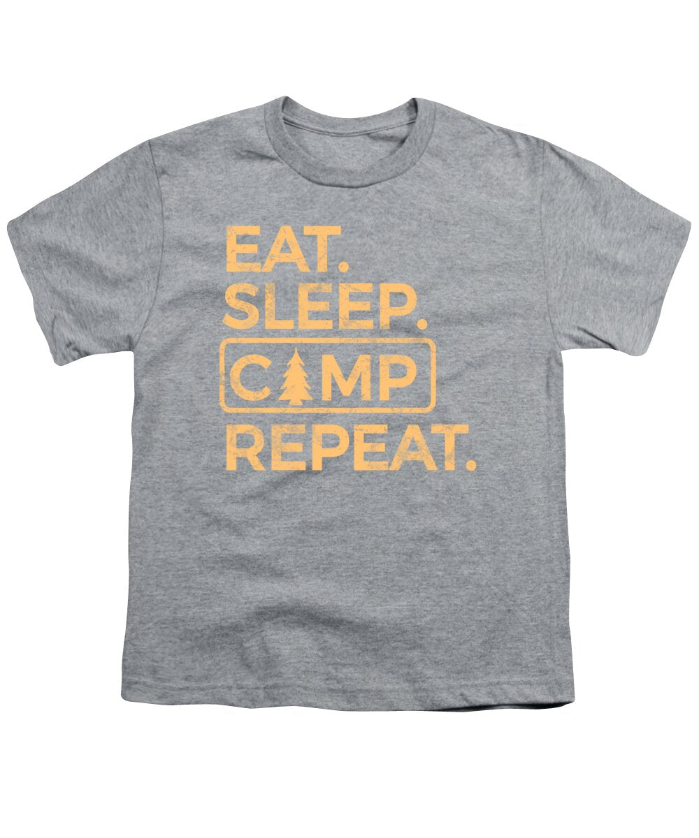 Youth graphic T-shirt in heather gray with "Eat Sleep Camp Repeat" logo print