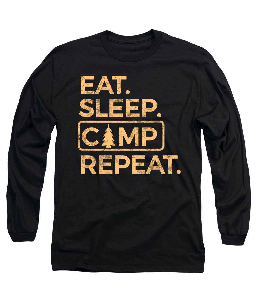 Black long-sleeve T-shirt with 'EAT SLEEP CAMP REPEAT' logo graphic in orange and cream.