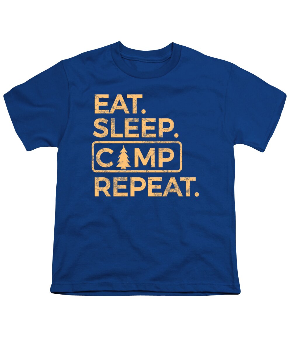 Youth T-shirt, royal blue, front graphic text “EAT SLEEP CAMP REPEAT” in multicolor