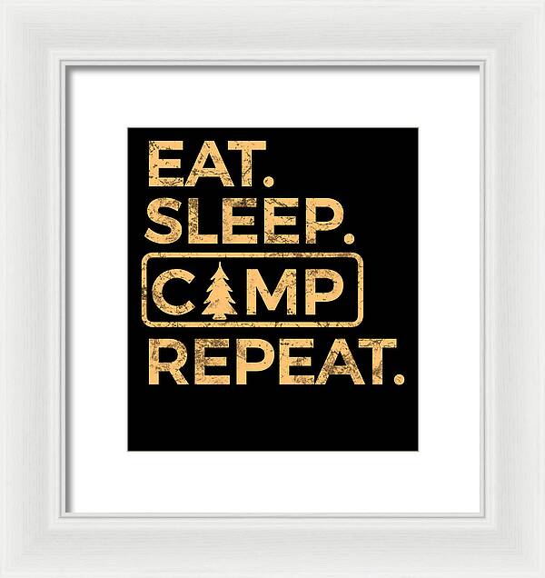 Framed wall print with black center and gold typography: “EAT. SLEEP. CAMP. REPEAT.”