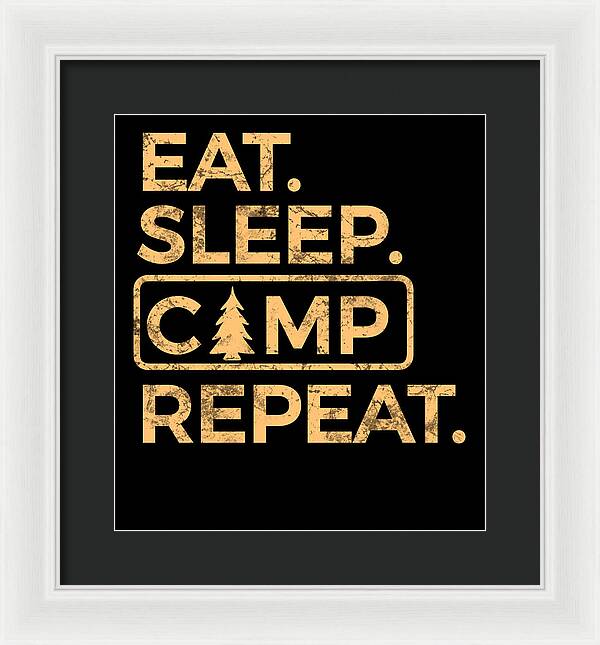 Framed wall art print with gold text on black background and tree icon; white frame, dark mat.