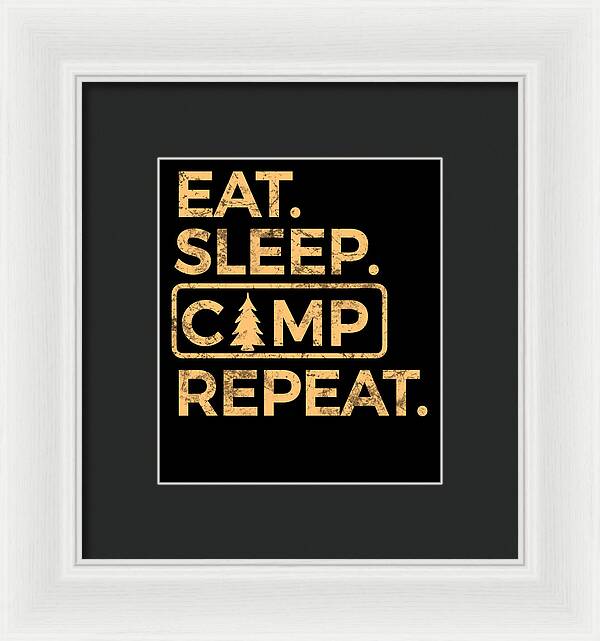 Framed wall print with dark background and gold text: “EAT. SLEEP. CAMP. REPEAT.”, tree icon