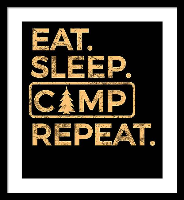Framed typography wall art with black background and gold “EAT SLEEP CAMP REPEAT” text; black frame.