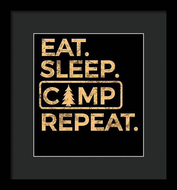 Framed wall print with dark background and gold text: “EAT. SLEEP. CAMP. REPEAT.”, tree in badge