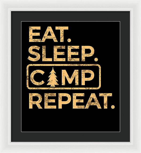 Framed typography wall art: black background with gold “EAT SLEEP CAMP REPEAT” text; light frame.