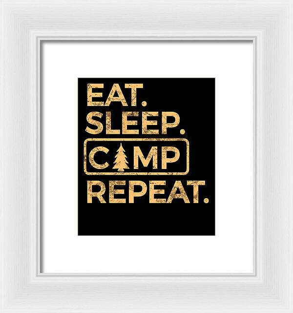 Framed wall print with black center and gold text: “EAT. SLEEP. CAMP. REPEAT.”, with tree icon