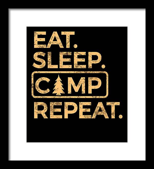Framed wall print with black center and gold text: “EAT. SLEEP. CAMP. REPEAT.”