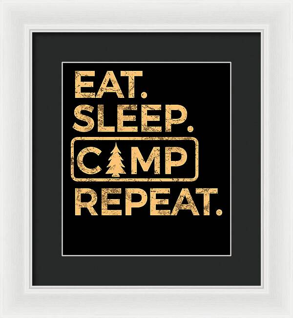 Framed wall art print with gold text on black background and tree icon; white frame, dark mat.