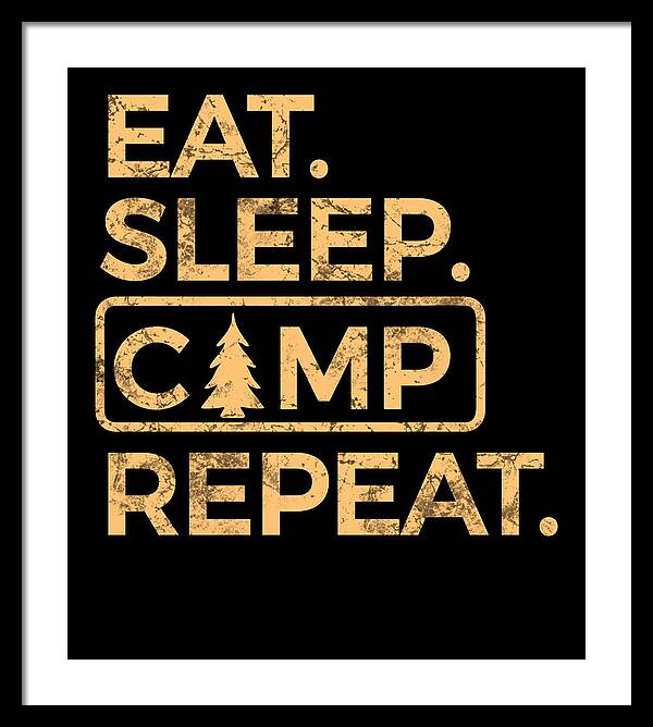 Framed typography wall art with black background and gold “EAT SLEEP CAMP REPEAT” text; black frame.