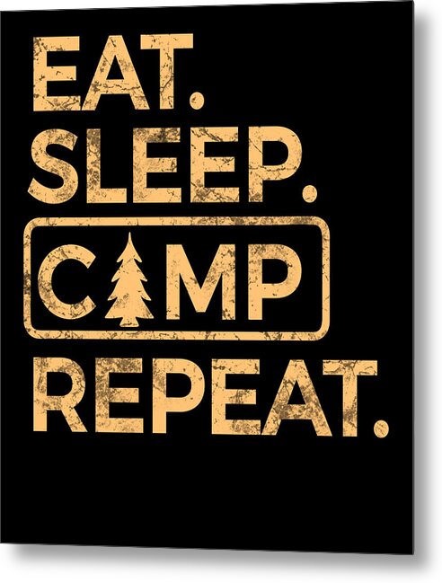 Metal wall art with gold EAT SLEEP CAMP REPEAT text and pine tree icon