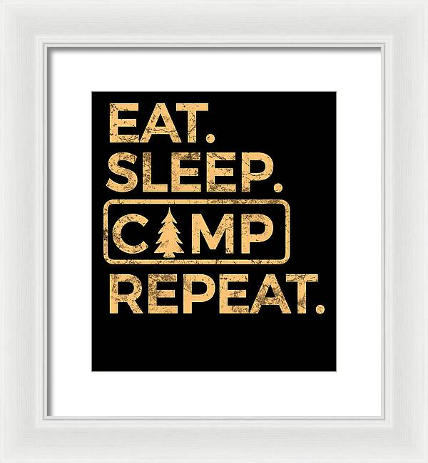 Framed wall art print with gold text on black background and tree icon; white frame, white mat.