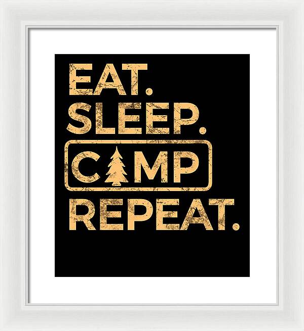 Framed wall art print with gold text on black background and tree icon; white frame, light mat.