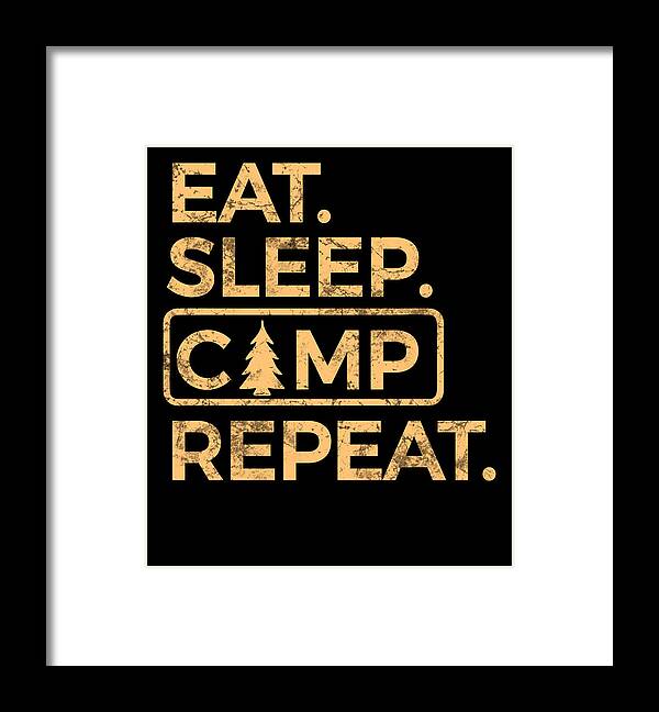 Framed wall print with black background and gold camp-themed typography: “EAT. SLEEP. CAMP. REPEAT.”