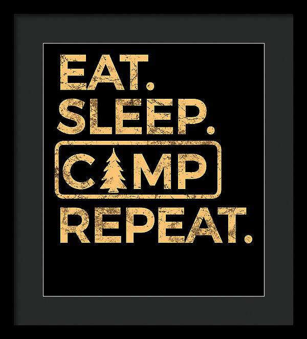 Framed wall art print with gold text on black background and tree icon; black frame, dark mat.