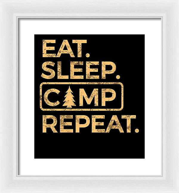 Framed wall art print with gold text on black background and tree icon; white frame, light mat.