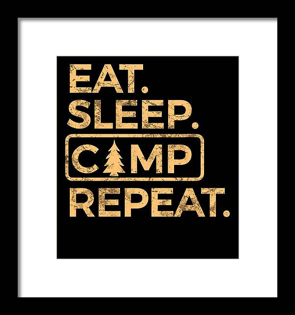 Framed wall print with black background and gold lettering: “EAT. SLEEP. CAMP. REPEAT.”