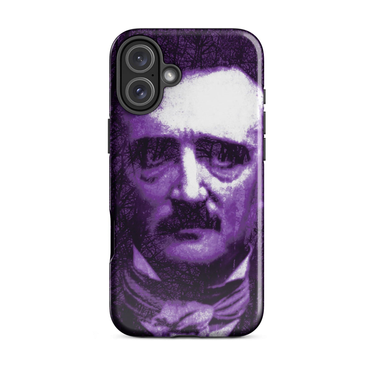 Phone case featuring purple-and-white portrait face with camera lens cutout