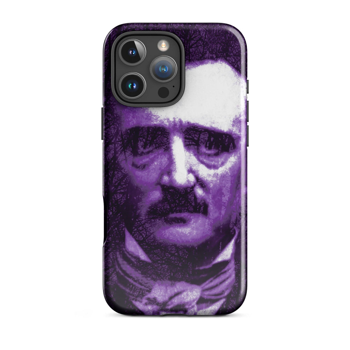 Phone case showing purple-and-white portrait face with raised camera cutout