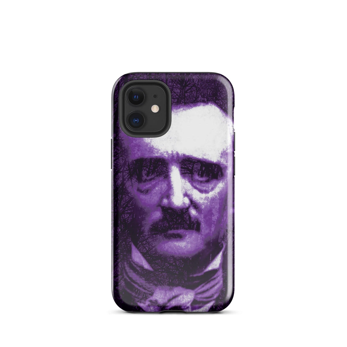 iPhone® tough case with purple-and-white portrait print, smooth back, raised camera cutouts